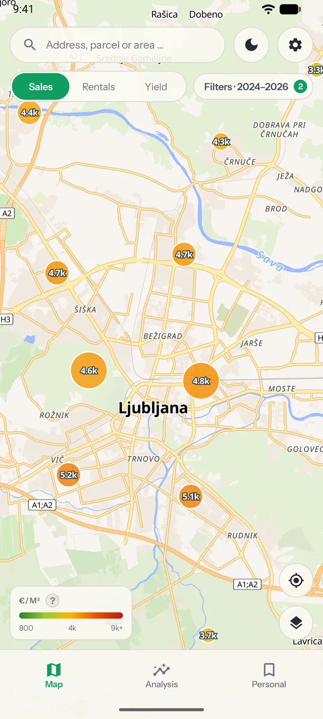Cenilko price map of Ljubljana with per-district euro-per-square-metre deal clusters