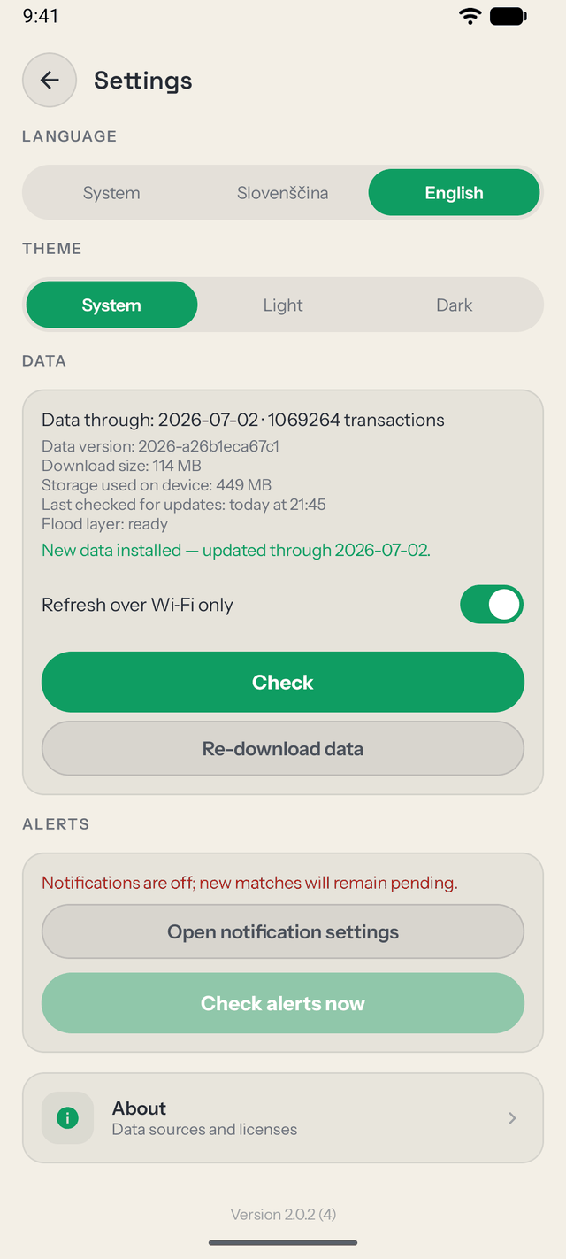 Settings showing the offline data status: over a million transactions stored on the device