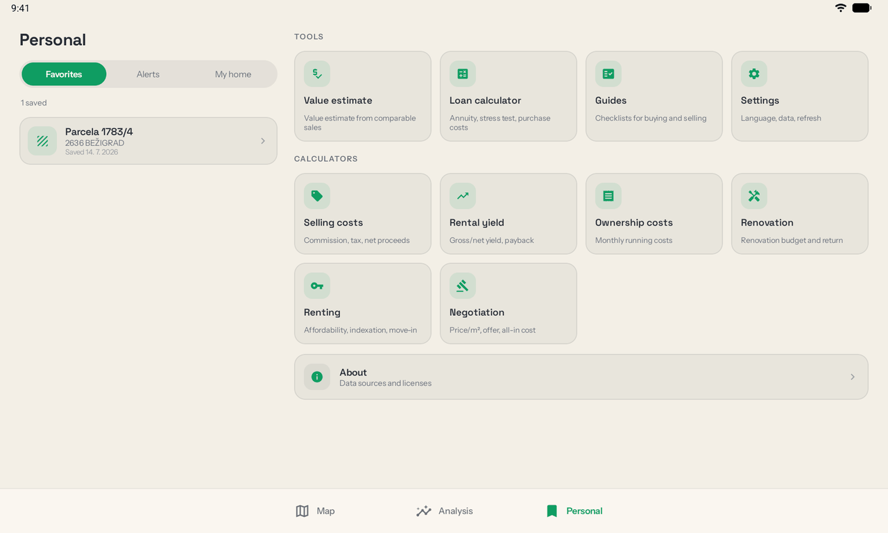 The Personal tab on a tablet: saved places on the left, the full grid of tools and calculators on the right