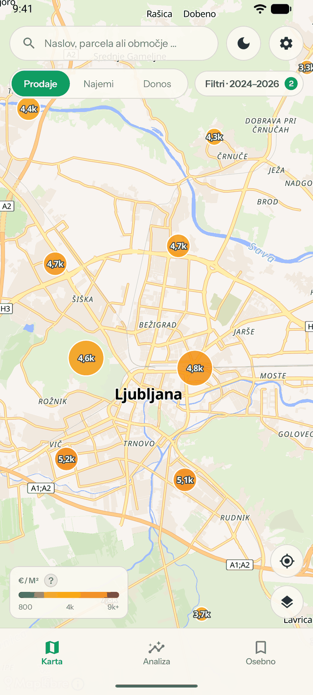 Zemljevid cen v Cenilko za Ljubljano s cenovnimi gručami po četrtih v evrih na kvadratni meter