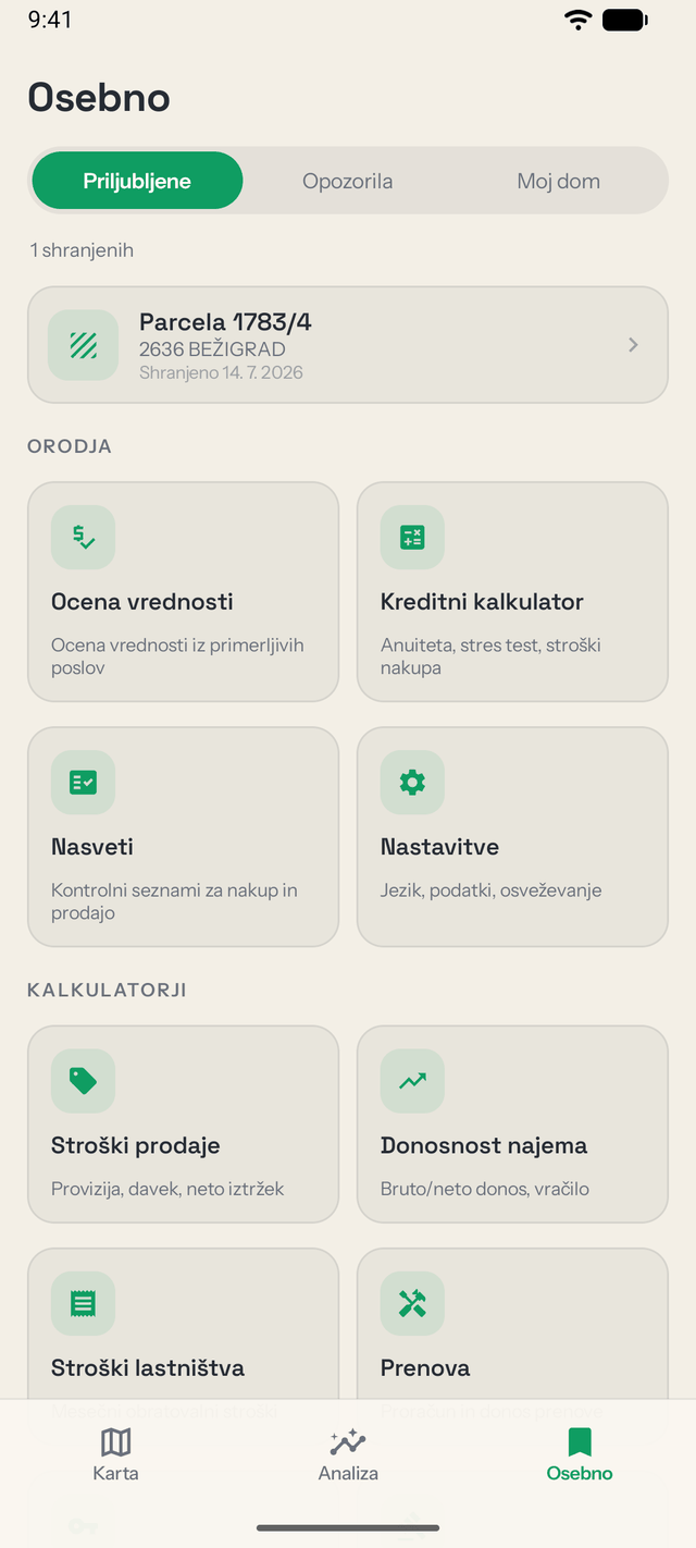 Zavihek Osebno s shranjeno parcelo ter celotnim naborom orodij in kalkulatorjev
