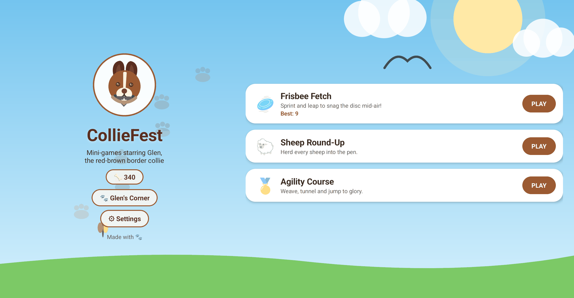 CollieFest menu with the treat balance, the Glen's Corner button and Glen wearing the collar and bandana you equipped