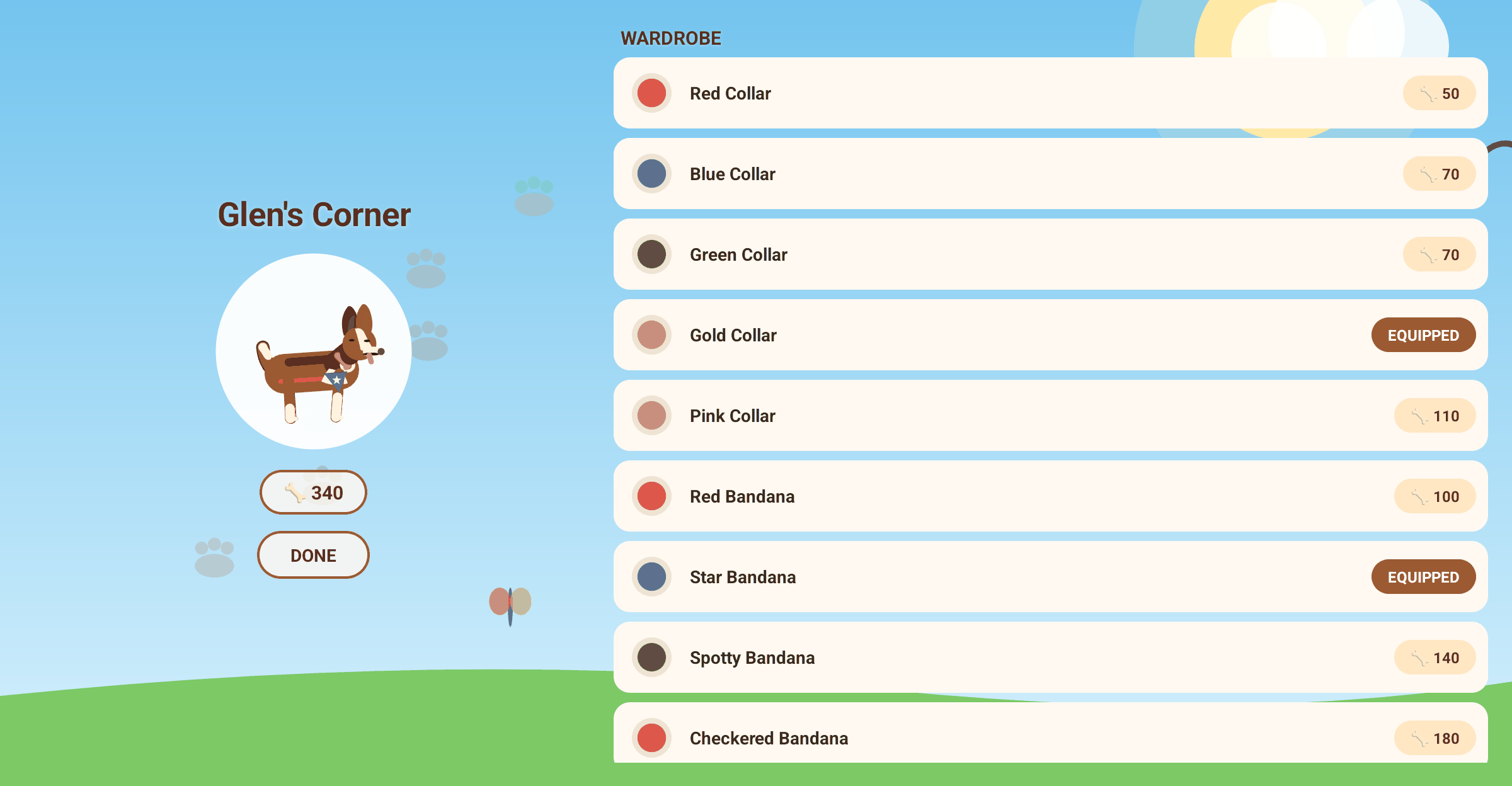 Glen's Corner: unlock collars, bandanas and hats for Glen with treats earned by playing