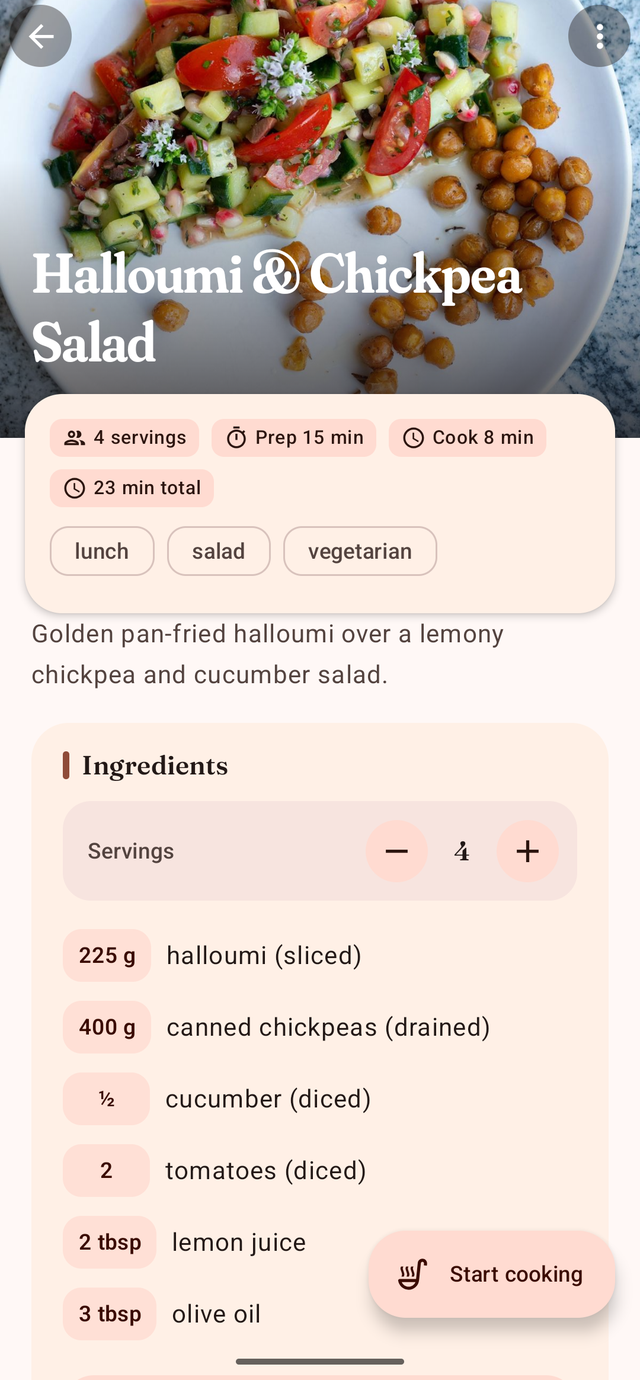 A recipe open in CookerBooker with a photo, timings, tags and an ingredient list with a servings stepper