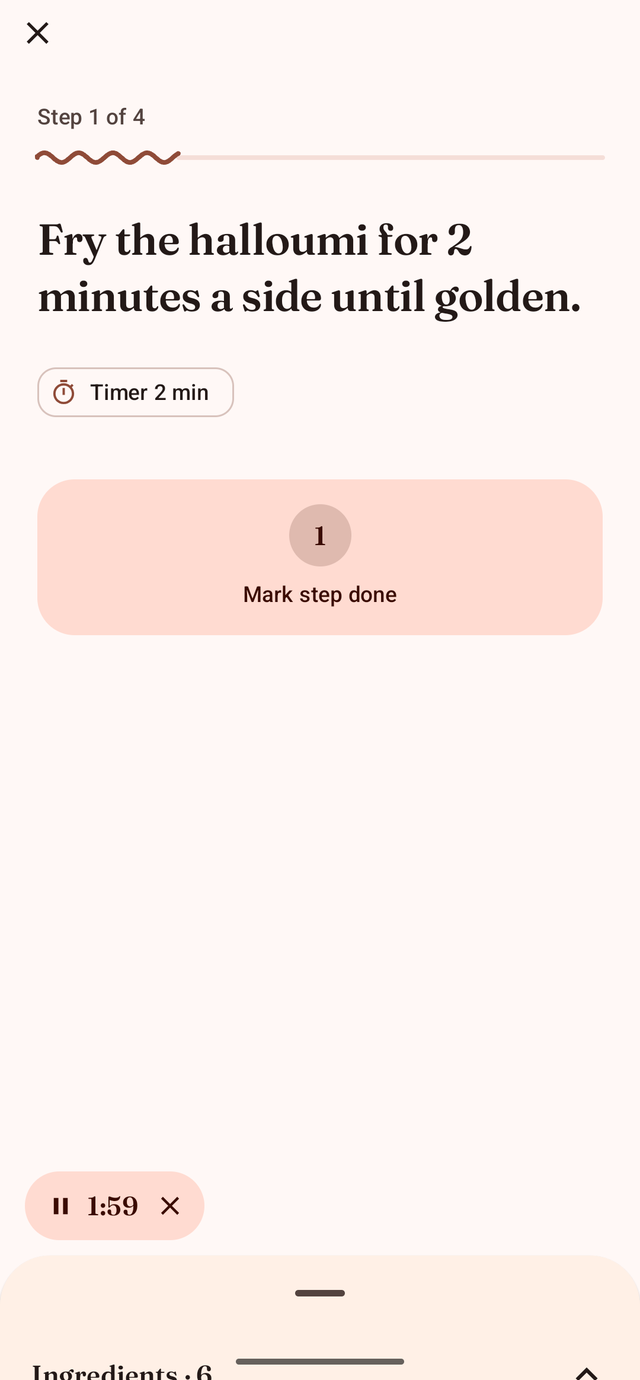 Cook mode showing one step at a time with a step timer and a progress bar