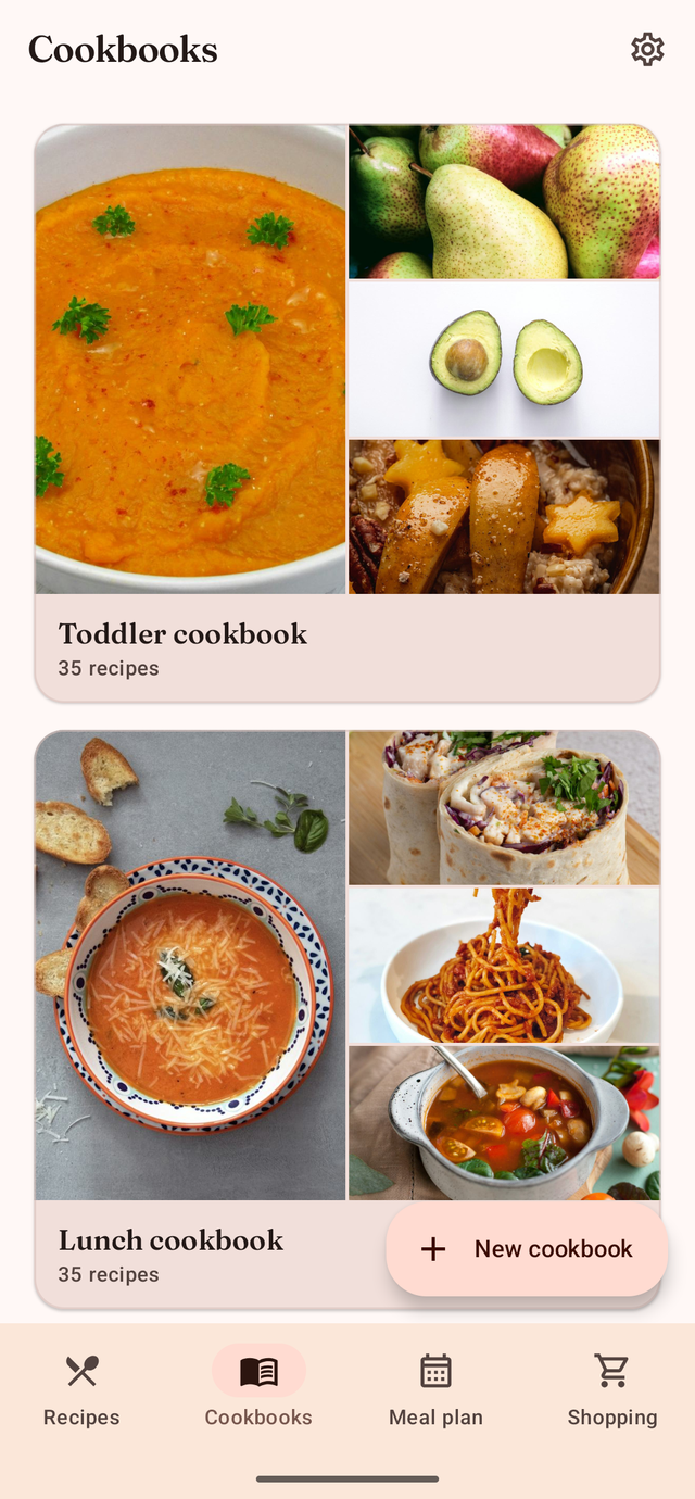Cookbooks organised into collections with covers made from recipe photos