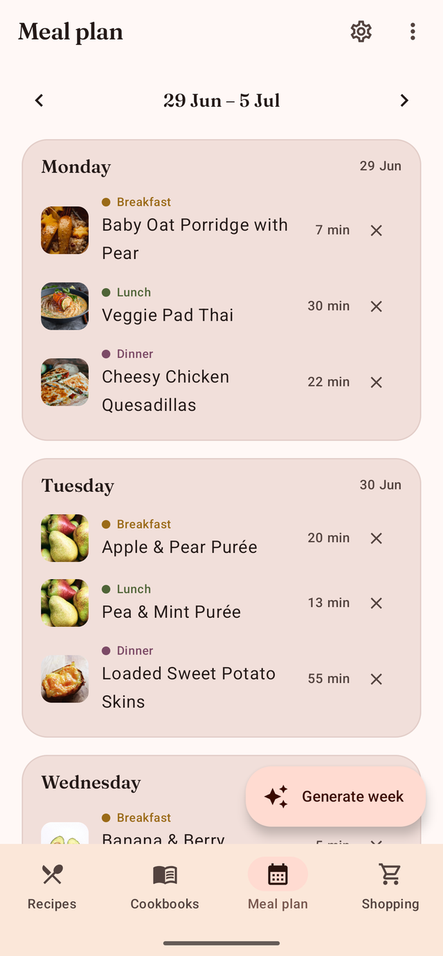 Weekly meal planner with breakfast, lunch and dinner for each day