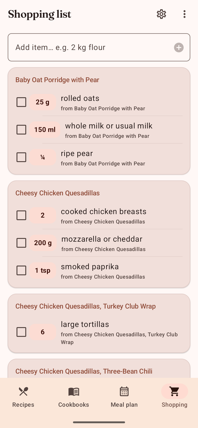 Shopping list grouped by recipe, with quantities and checkboxes