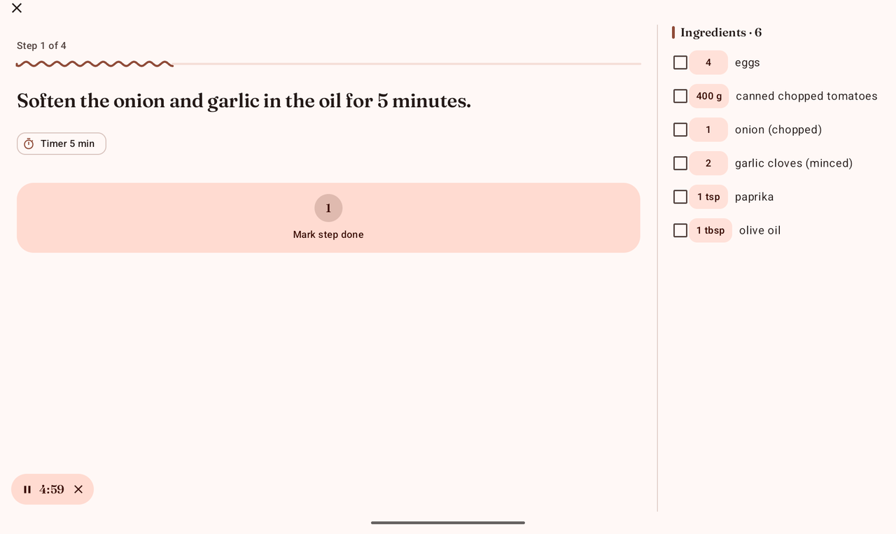 Cook mode on a tablet in landscape, showing the current step with a running timer and a permanent ingredients checklist on the right
