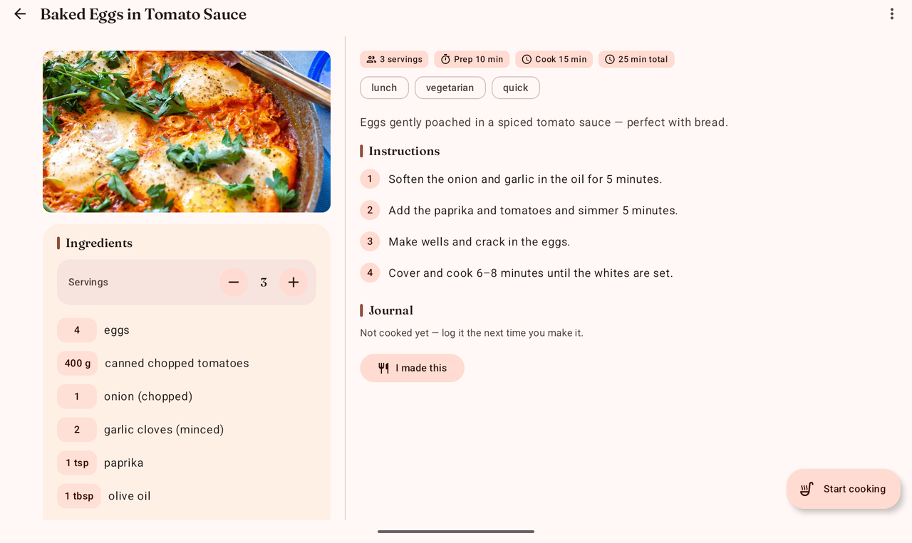 A recipe open on a tablet in landscape, with the photo and ingredients on the left and the method and journal on the right