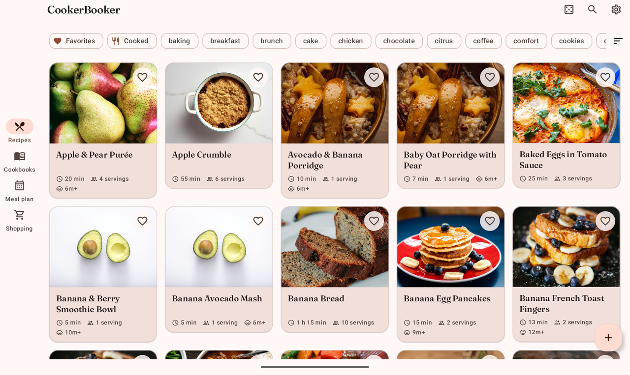 CookerBooker on a 10-inch tablet in landscape: a multi-column recipe grid with a navigation rail down the left
