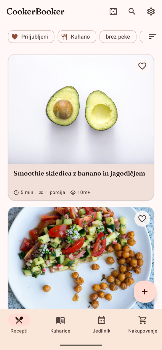 Seznam receptov v aplikaciji CookerBooker z velikimi fotografijami, filtri in iskanjem