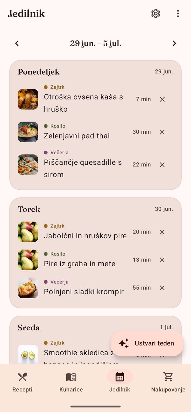 Tedenski jedilnik z zajtrkom, kosilom in večerjo za vsak dan