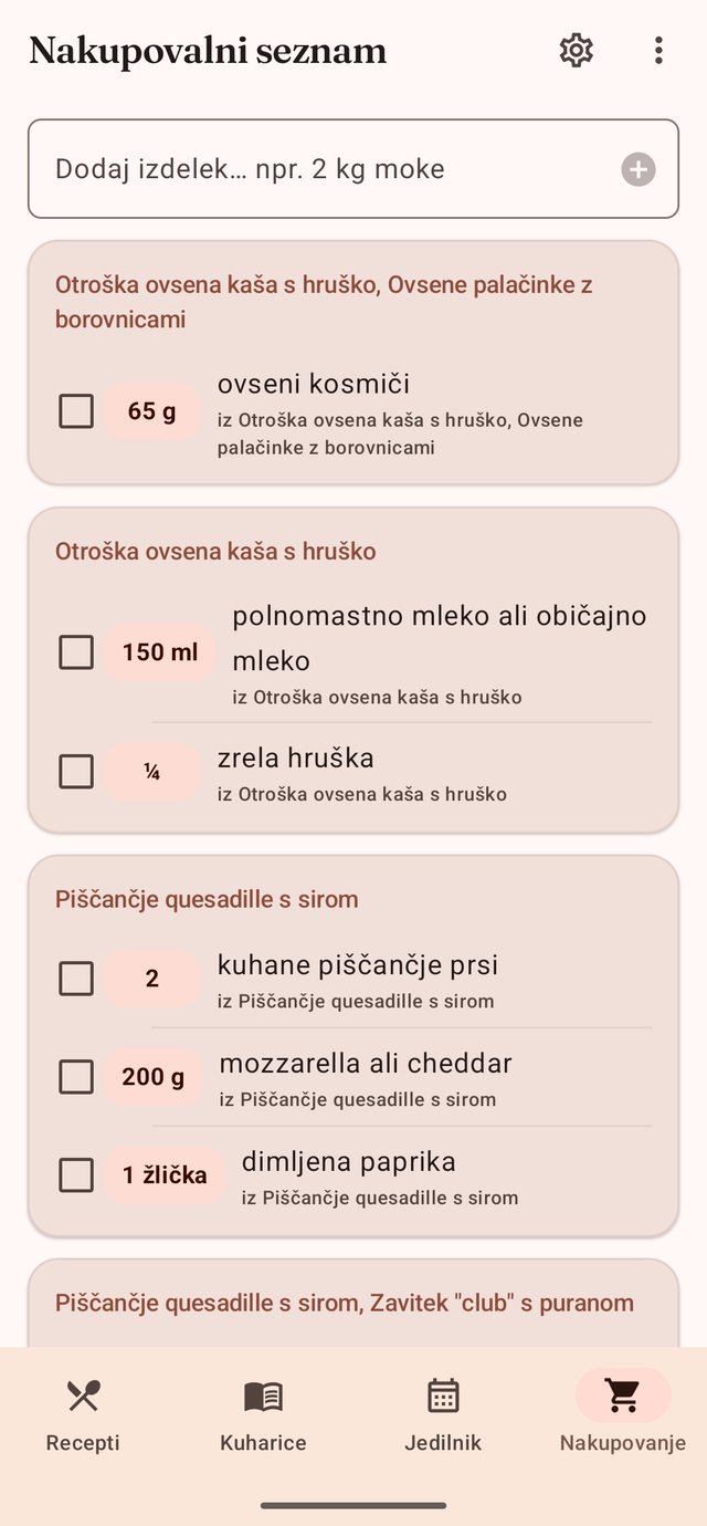 Nakupovalni seznam, razvrščen po receptih, s količinami in potrditvenimi polji