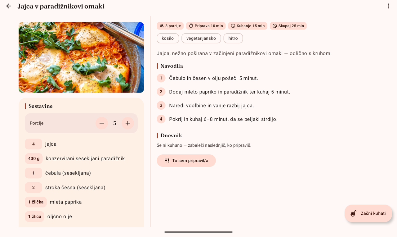 Recept, odprt na tablici v ležečem načinu, s fotografijo in sestavinami na levi ter postopkom in dnevnikom na desni