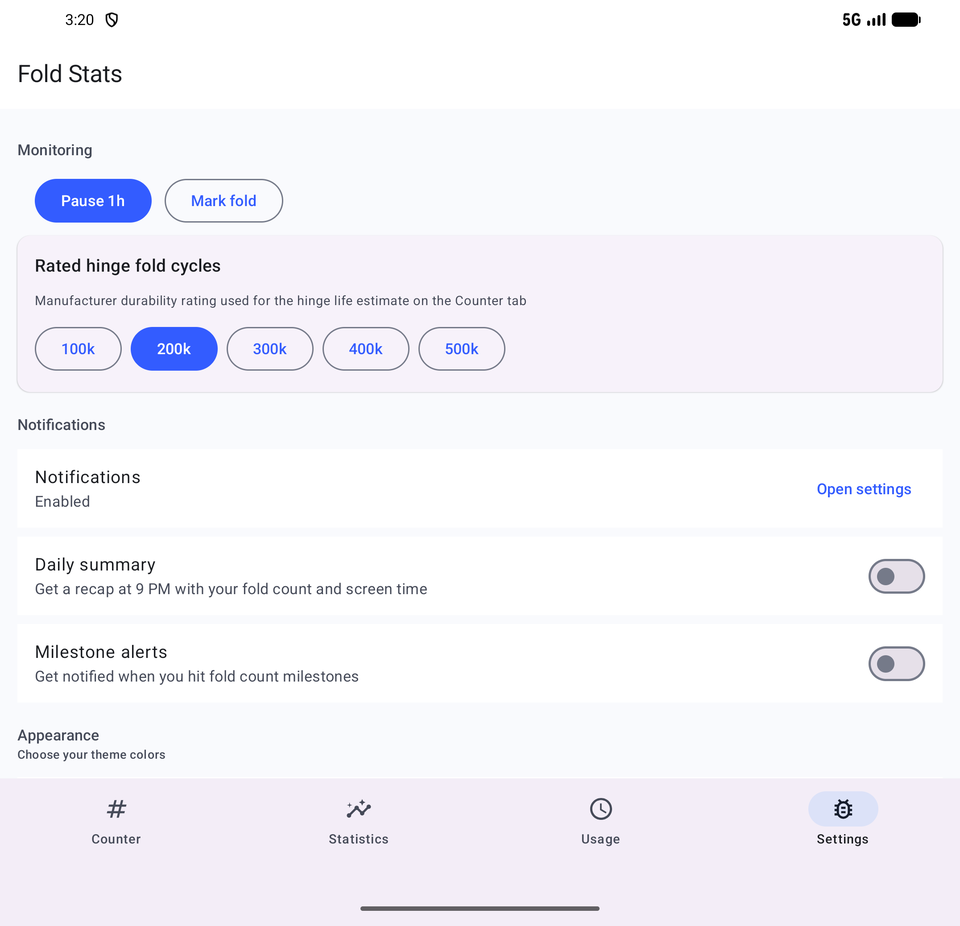 Fold Stats settings: monitoring, hinge rating and notifications