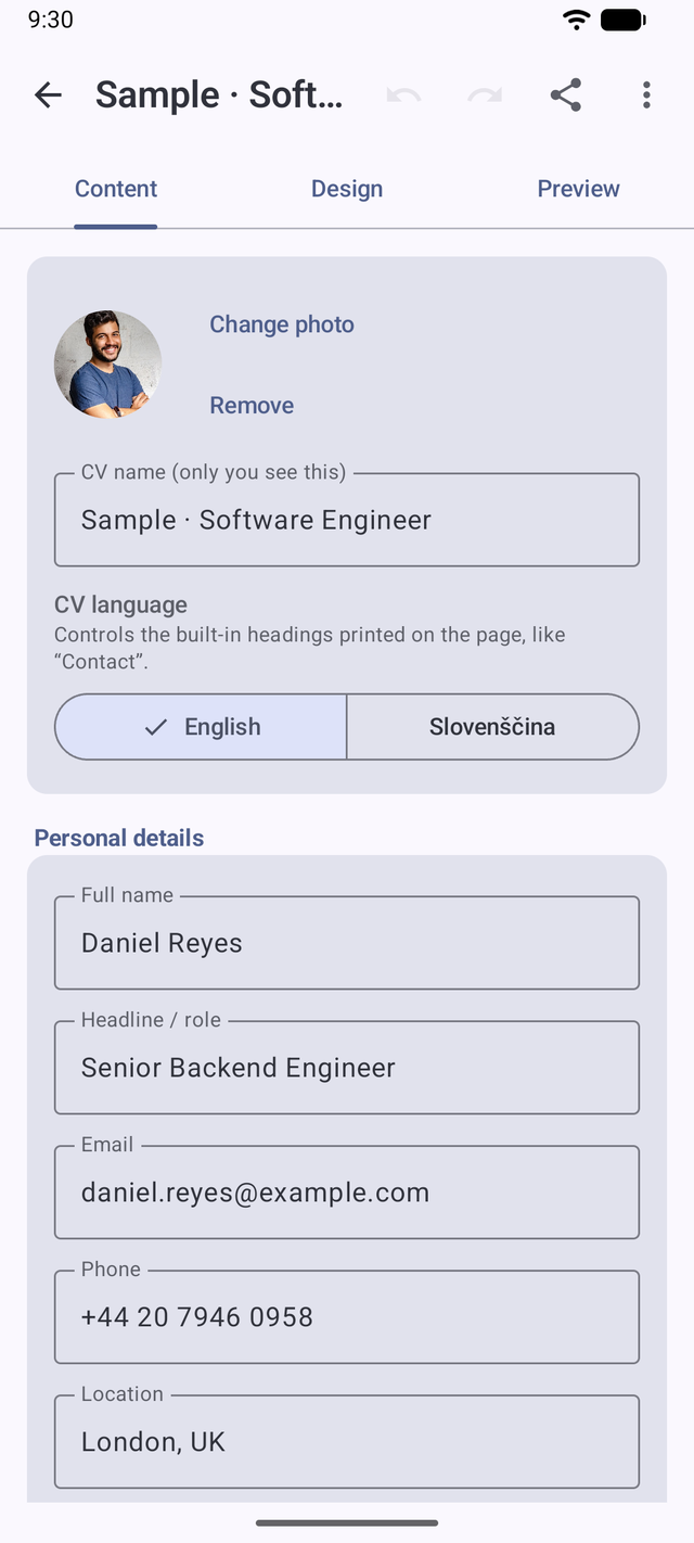 Editing CV content: photo, personal details and sections