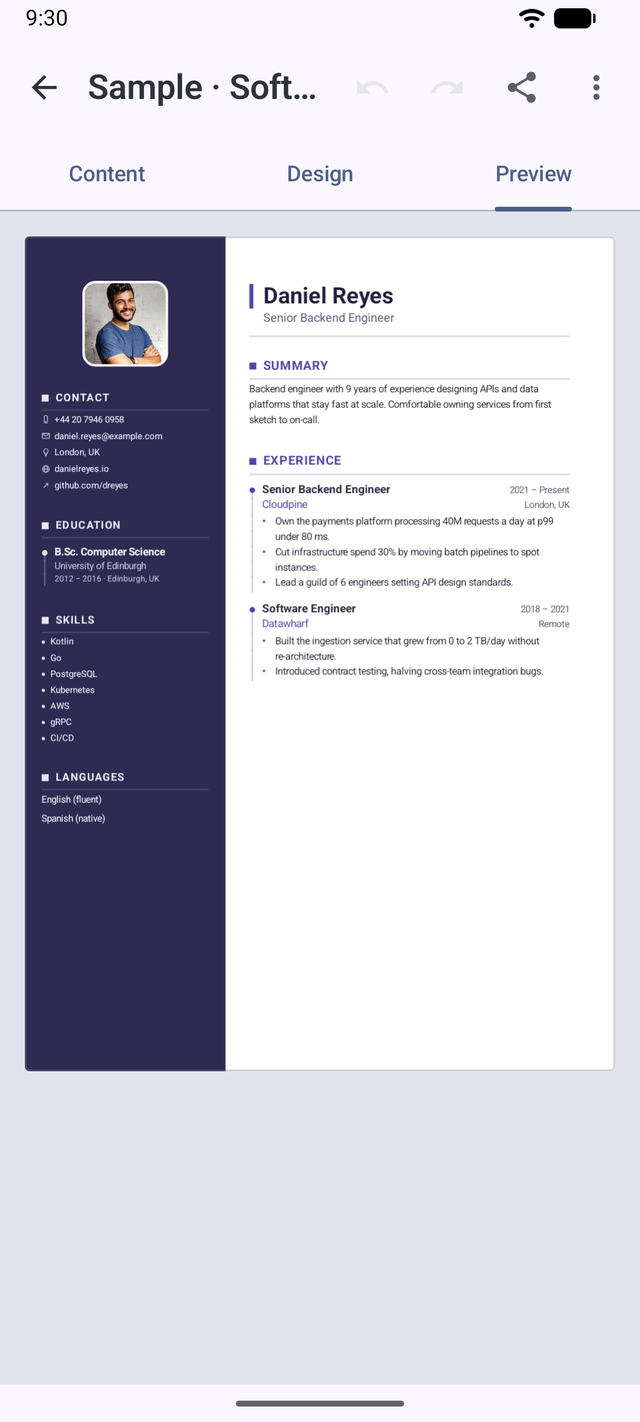 Full-page WYSIWYG preview of the finished two-column CV