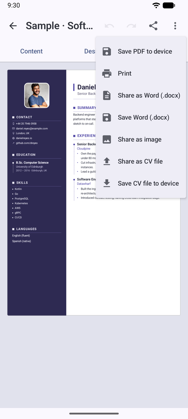 Export menu with PDF, Word .docx, image and portable CV file options