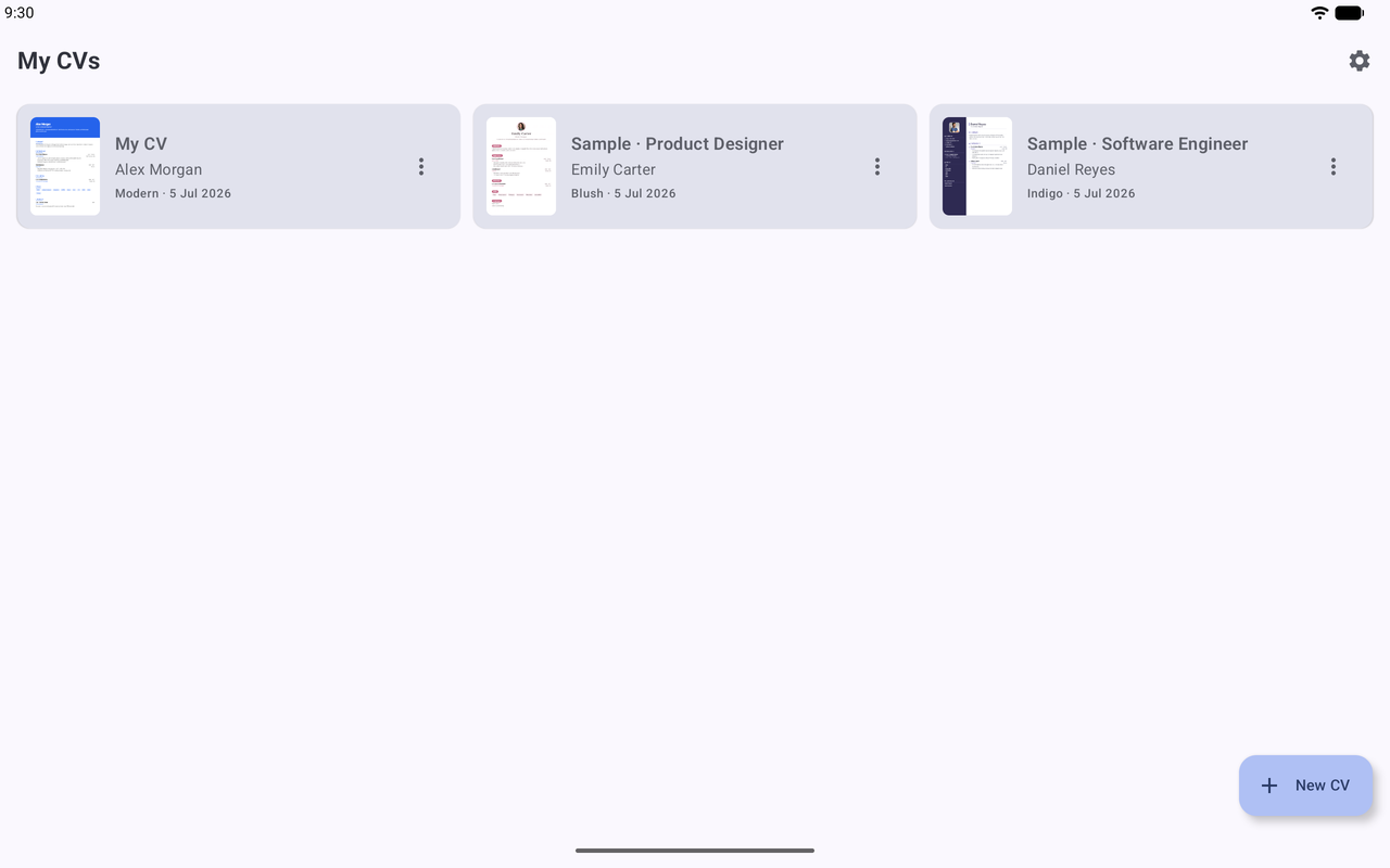 KeptCV on a tablet: the home library laid out as an adaptive multi-column grid of CVs
