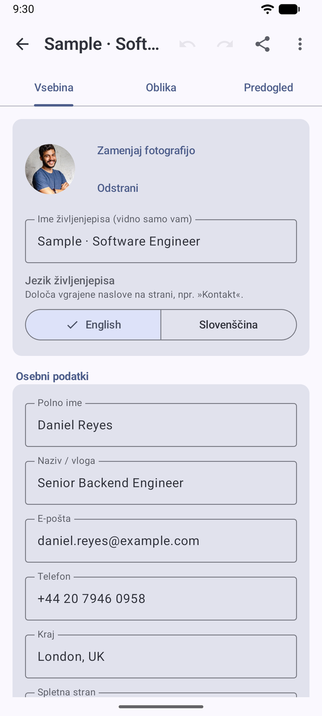 Urejanje vsebine življenjepisa: fotografija, osebni podatki in razdelki