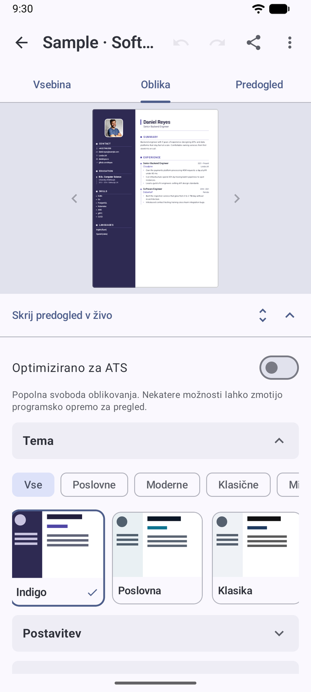 Zavihek za oblikovanje s stikalom Optimizirano za ATS, predogledom v živo in izbirnikom tem v aplikaciji KeptCV
