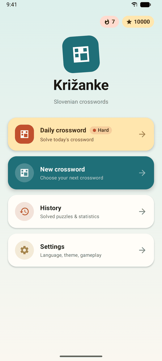 Križanke home screen with the daily crossword, a day-streak counter and points