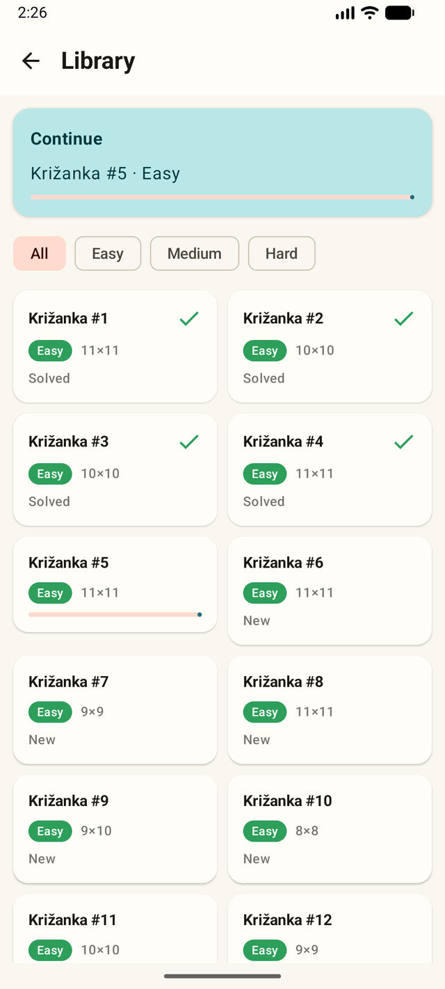 Križanke puzzle library across difficulty tiers