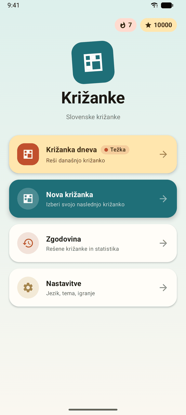 Začetni zaslon s križanko dneva, števcem niza in točkami v aplikaciji Križanke