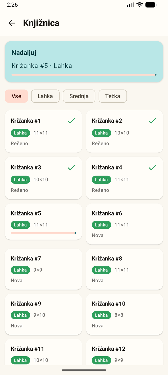 Knjižnica križank po stopnjah težavnosti v aplikaciji Križanke