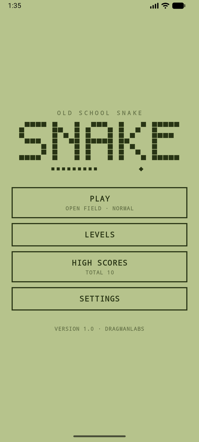Old School Snake main menu in retro LCD style