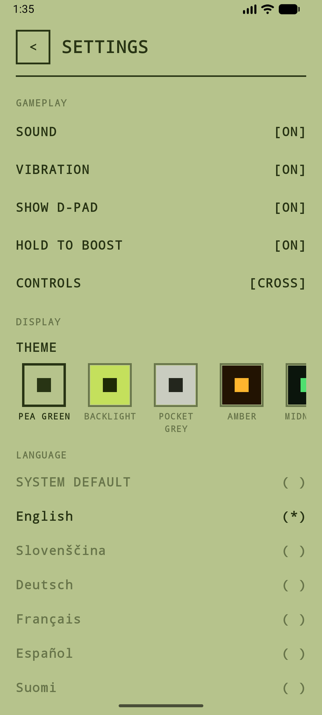 Old School Snake settings: themes, controls and language