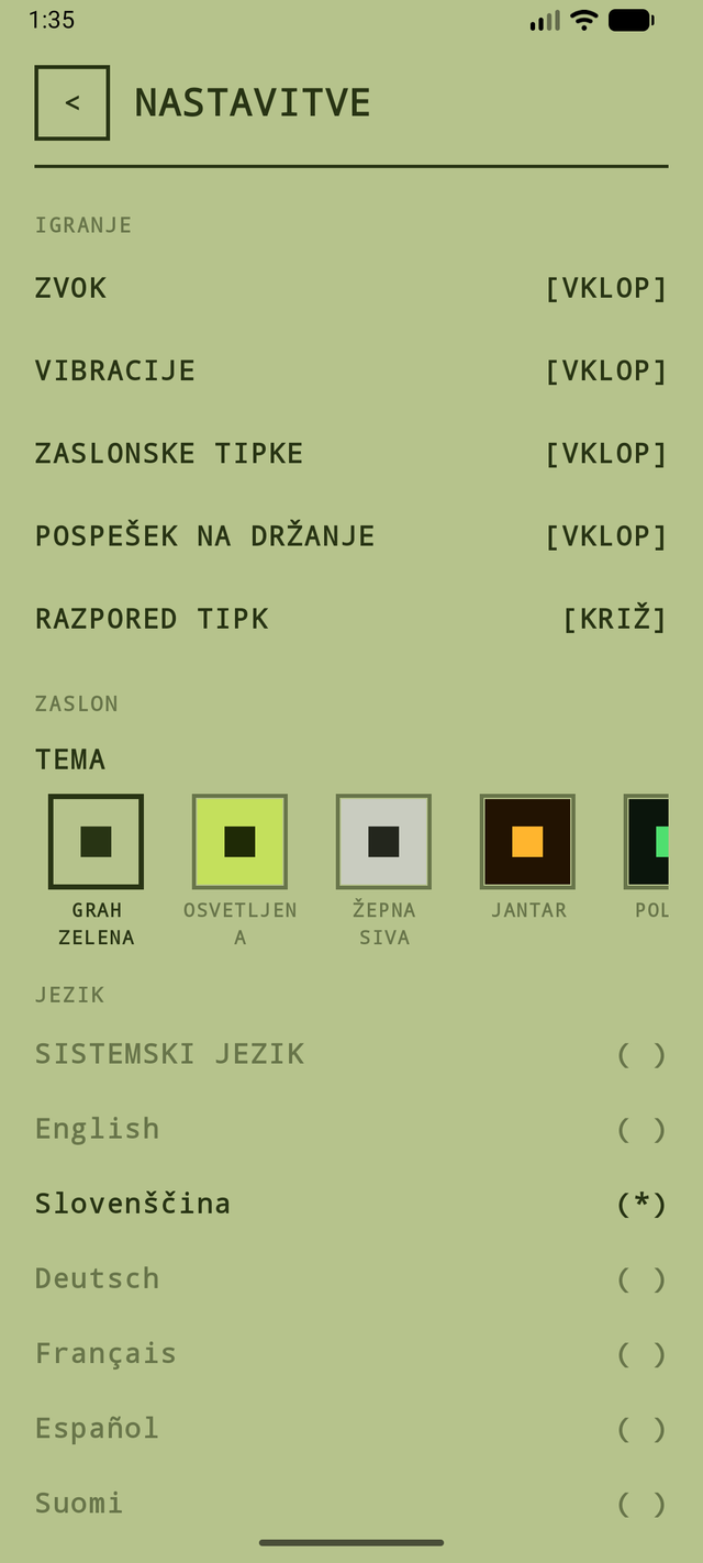 Nastavitve igre Old School Snake: teme, kontrole in jezik